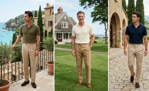 A collage featuring the quiet luxury aesthetic with men wearing fine-knit polo shirts tucked into mid-rise pleated khaki trousers and unlined suede loafers.