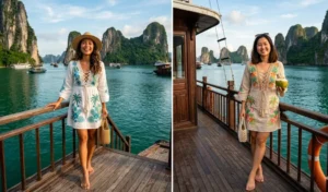 A two-panel cruise ship photograph set in Ha Long Bay, Vietnam, with emerald water and limestone karsts visible. Two women are wearing stylish swim-to-street cover-up dresses with intricate details, demonstrating effortless transition from water activities to social settings.