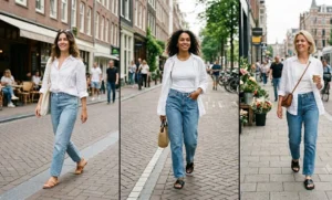 Collage of three women wearing relaxed straight-leg denim jeans and minimalist leather slide sandals while walking in the city.