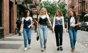 90s revival fashion trend showing women layering delicate silk camisoles over fitted white crew-neck t-shirts and high-waisted jeans.