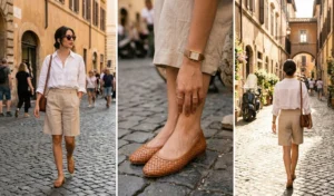 A three-panel photo collage featuring women styling tailored beige Bermuda shorts with oversized white linen shirts, highlighting woven leather flats and a sleek watch on a sunny Roman street.