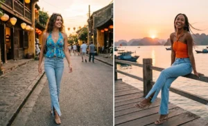 A side-by-side collage of two women wearing delicate strappy heeled sandals with split-hem low-rise flare jeans and vibrant halter tops during golden hour.