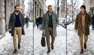 A winter fashion split-screen of men wearing structured tweed overcoats layered over V-neck sweaters and collared shirts, paired with tailored khaki pants.