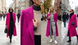 A 4-panel collage showcasing vibrant fuchsia pink wool maxi coats layered over neutral basics like all-black outfits and grey loungewear for a chic winter fashion statement.