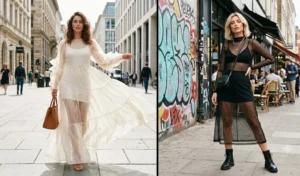 "Split-screen photo demonstrating trendy sheer overlay dresses worn with opaque slips and modern street-style layers."