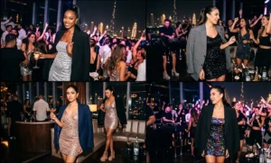 Four women wearing glamorous sequined mini dresses paired with oversized blazers for a night out in a Dubai nightclub.