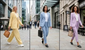 A three-panel image featuring businesswomen walking confidently in tailored pastel power suits in shades of yellow, blue, and lilac.