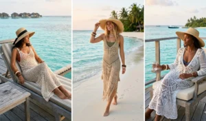 A collage of three women relaxing on wooden deck chairs by the ocean, wearing intricate floor-length crochet beach cover-ups, styled with large straw hats and bohemian accessories.