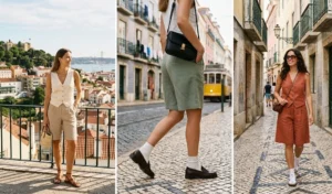 A collage of women exploring the cobblestone streets of Lisbon wearing tailored linen bermuda shorts, silk vests, and comfortable travel loafers.