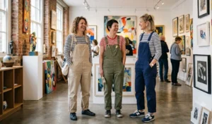 "Three women wearing artist-inspired canvas overalls with striped long-sleeve shirts, demonstrating an effortless and practical gallery outfit."