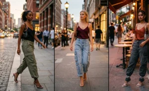 Three women in a photo collage wearing oversized cargo utility jeans styled with delicate strappy floss heels on a warm evening.