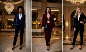 Three confident women wearing tailored velvet power suits in a luxury Dubai hotel lobby.
