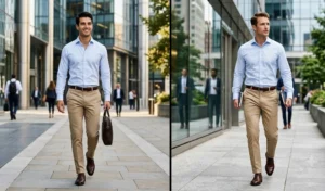 Two men walking in a business district wearing professional office attire, featuring light blue dress shirts tucked into tailored khaki trousers with oxford shoes.