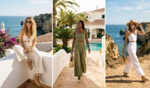 A three-panel photo collage featuring women wearing woven wedge espadrilles paired with lightweight wide-leg linen flare pants and crop tops for a tropical vacation outfit.