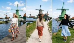 Breezy travel outfits for Zaanse Schans windmills with colorful midi skirts, knit sweaters, and Chelsea boots.
