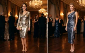 Two women wearing glamorous sequin and liquid metallic cocktail dresses, dressed up for a formal night gala on a luxury cruise.