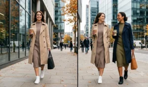 Side-by-side photos of two professional women wearing ribbed midi sweater dresses layered with classic trench coats and sleek high-top sneakers during fall weather.