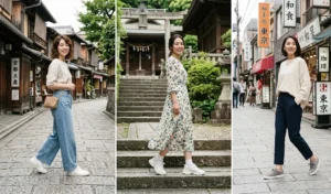 Three chic and comfortable walking outfits for a Japan trip, featuring wide-leg denim, a spring dress, and smart trousers, all perfectly paired with supportive white sneakers.