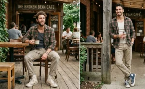 Two men showcasing casual weekend outfits by wearing open earthy-toned flannel shirts layered over ribbed tank tops and neutral khaki pants.