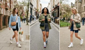 A three-panel image of women running errands wearing oversized lightweight shackets over fitted biker shorts and retro running shoes.