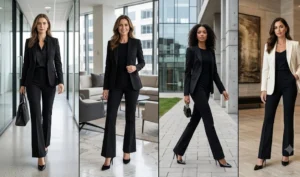 A four-panel photo collage showcasing professional women wearing pointed-toe stilettos seamlessly styled with tailored high-waisted black flare trousers in modern office settings.