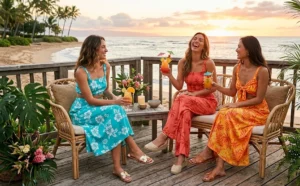 Three women enjoying sunset cocktails on a wooden beach deck, wearing matching two-piece Hawaiian sets in vibrant turquoise, coral, and orange prints.