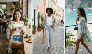 A three-panel montage featuring women wearing airy, flowy kimono-style light jackets over basic outfits. The panels show them inside an aesthetic cafe and walking outdoors in Vietnam, highlighting versatile, modest, and temperature-regulating layers.