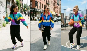 Three women displaying a 90s streetwear aesthetic, wearing colorful retro nylon windbreakers, black fleece sweatpants, chunky sneakers, and thin-frame sunglasses.