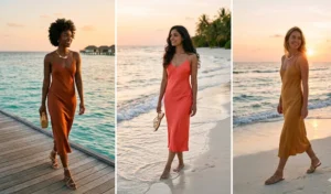 A collage of three women in the Maldives wearing elegant silk midi-slip dresses in warm sunset colors like copper, coral, and gold, styled with minimal jewelry by the ocean.