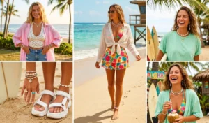 A four-panel grid showcasing the carefree Coconut Girl summer trend with pastel oversized shirts, tropical hibiscus prints, halter tops, and platform sandals.