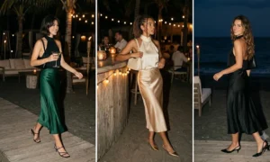 Three stylish women wearing satin midi skirts and halter neck tops at a chic Dubai beach club during the night.