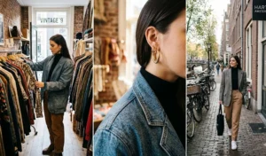 Vintage shopping outfit ideas featuring oversized blazers, slim-fit turtlenecks, and comfortable corduroy trousers.