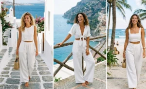"Three women wearing all-white linen crop tops and flowy palazzo pants for a minimalist island vacation look."