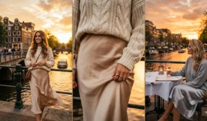 Elegant golden hour sunset outfits featuring satin midi-skirts paired with oversized cable-knit sweaters.