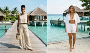 A split image showing two women wearing chic, smart-casual resort wear, featuring a beige linen boxy crop top set and a breezy white cotton-poplin co-ord set at a tropical resort.