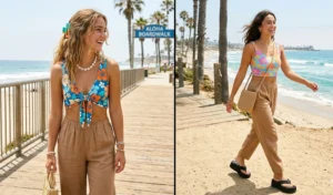 Two women modeling the carefree Coconut Girl summer aesthetic with relaxed sandy brown linen trousers and bright retro hibiscus print crop tops.