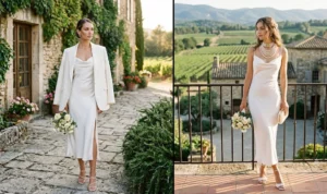 A 2-panel photo collage featuring a bride in an elegant white satin midi slip dress styled with an oversized blazer, pearl choker, and minimalist block heels at an upscale winery.