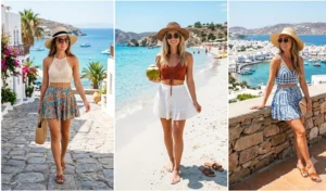 Collage of three women in resort-ready vacation outfits featuring bohemian crochet crop tops, flowy lightweight skorts, and wide-brimmed straw hats.