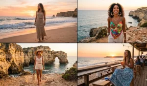 A split-screen of women at an Algarve beach bar wearing boho-luxe vacation outfits, including neutral crochet matching sets and tropical maxi skirts.