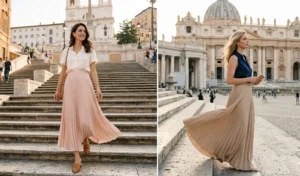 A two-panel photo collage of elegant women wearing flowing pleated maxi skirts and tucked-in silk blouses, visiting historic Roman sites like the Spanish Steps and St. Peter's Basilica.