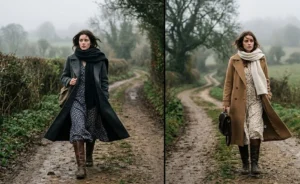 Two women walking down a misty dirt path wearing dramatic long wool trench coats left open to reveal soft, flowing ditsy-print floral prairie dresses and tall leather riding boots.