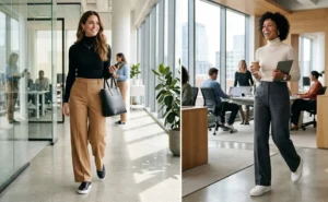 Side-by-side photos of two stylish women in a modern office, wearing wide-leg trousers and fitted turtlenecks styled with subtle platform leather sneakers.