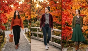 Warm autumn fashion in Japan showcasing women wearing earth-toned knitwear, cardigans, and stylish textured layers against a beautiful background of red and golden maple leaves.