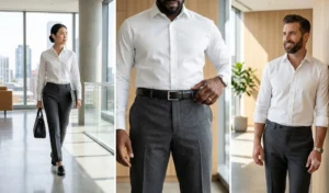 A collage of three professionals modeling minimalist corporate attire, featuring charcoal tailored trousers, crisp white button-down shirts, and a slender black leather belt.