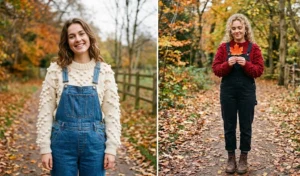 Playful winter layering featuring chunky pompom detailed knit sweaters worn over classic blue denim overalls.