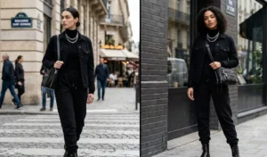 Two women modeling sleek all-black monochromatic outfits with black sweatpants, turtlenecks, and denim jackets, elevated by chunky silver necklaces and handbags with silver zippers.