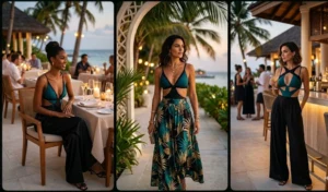A collage of three women showcasing day-to-night vacation style by wearing stylish one-piece cut-out swimsuits tucked into high-waisted palazzo pants and flowing maxi skirts.