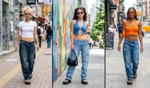 Collage of three women showcasing Y2K summer street style with low-rise baggy jeans and chunky platform thong sandals.