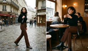 Two women modeling a 90s minimalist outfit aesthetic featuring chocolate brown bootcut pants paired with fitted black turtlenecks and sleek leather accessories.
