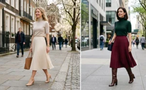 A side-by-side image of two women walking on a city sidewalk wearing pleated midi skirts tucked into elegant short-sleeve turtleneck knits.